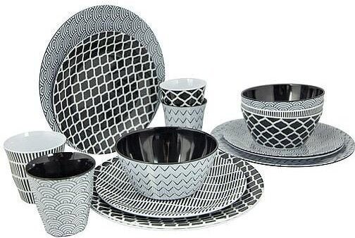 Bo-Camp Mix & Match 16 osaiset astiastot, sininen/valkoinen tai musta/valkoinen Musta / Valkoinen